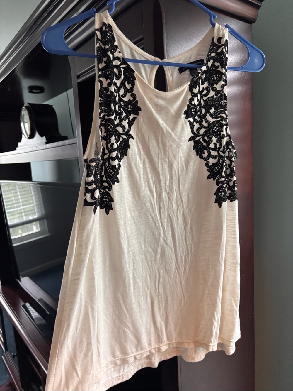 American Eagle Outfitters Cream Tank with Black Velvet Accents